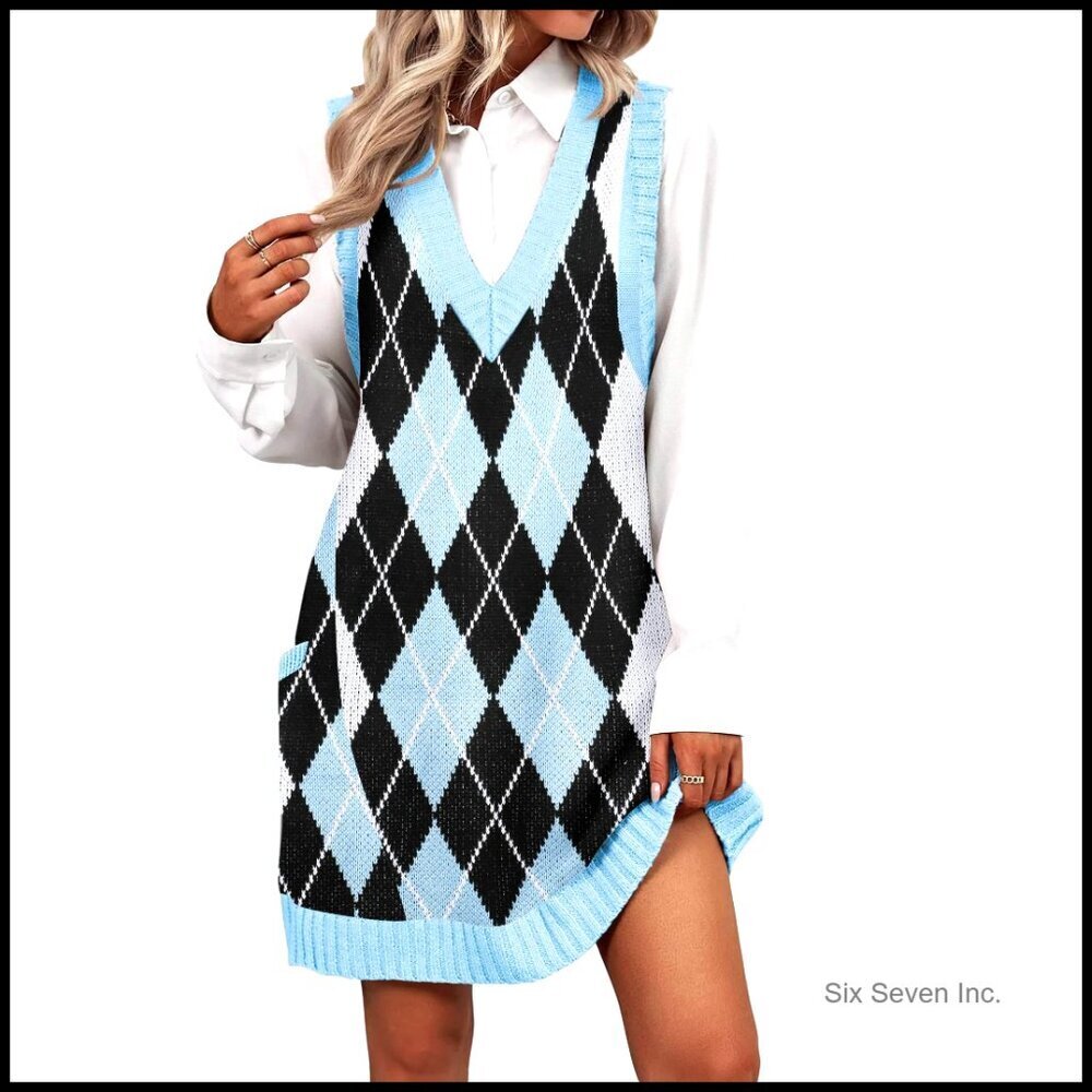 V-Neck Sweater Vest Dress Knitted Pullover Oversized Casual with Pockets